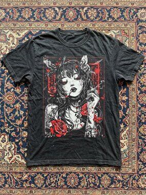 Anime Cyberpunk Goth Roses T-Shirt Japanese Streetwear Unisec NWT